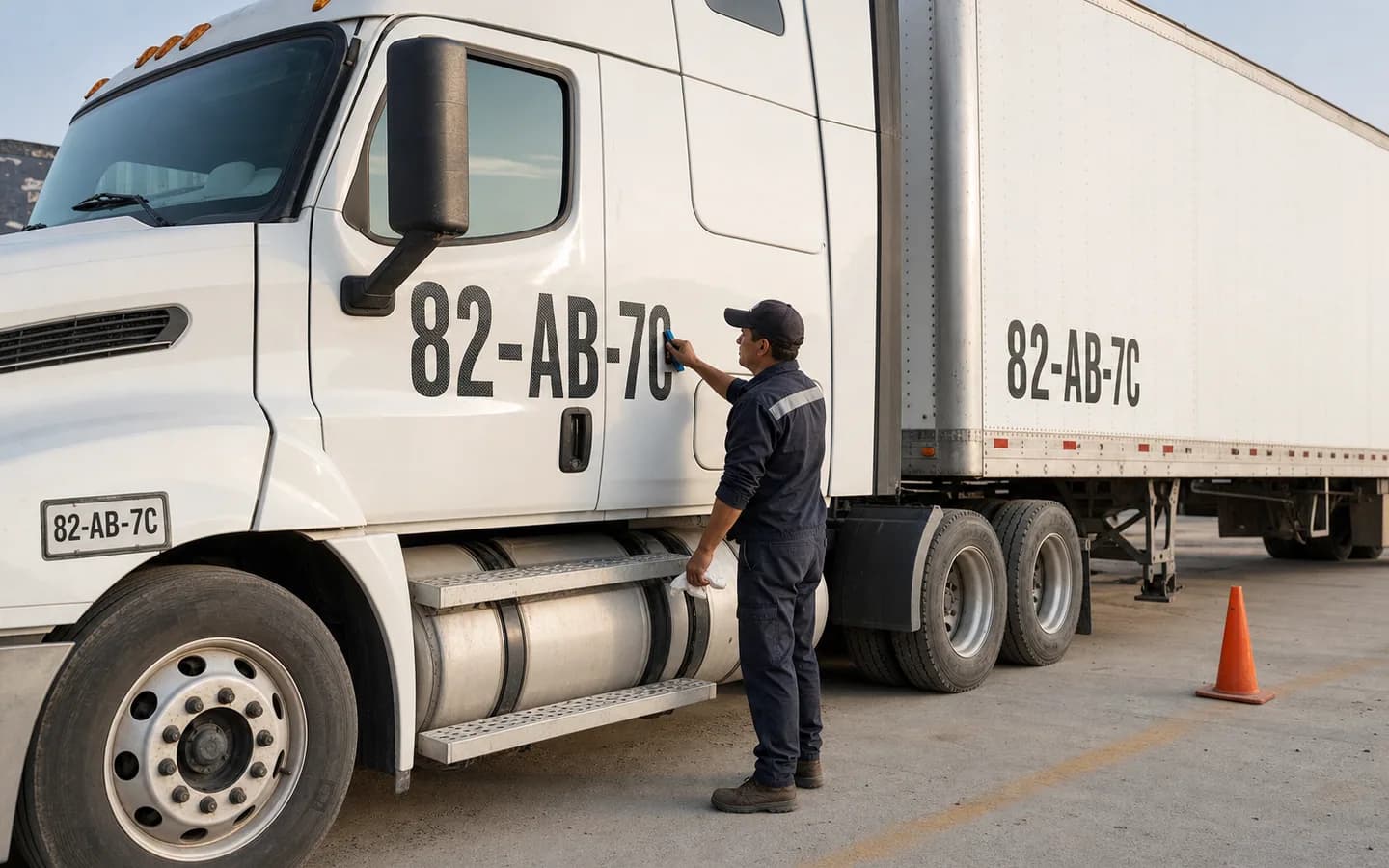 Técnico colocando caracteres reflejantes de identificación en un tractocamión