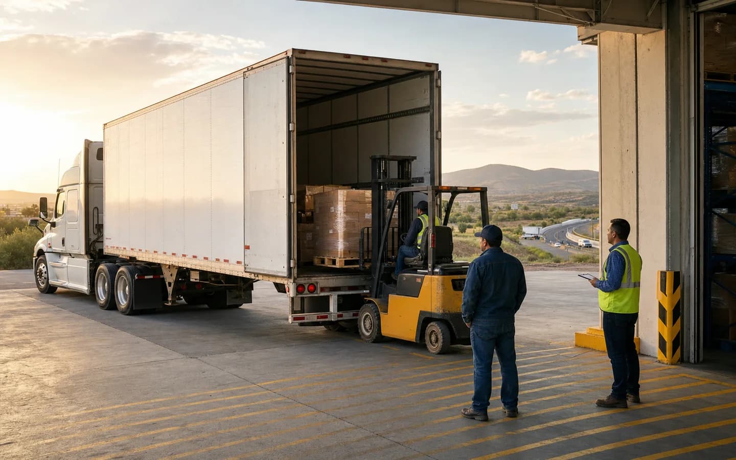 Tractocamión mexicano cargando mercancía de retorno en un patio regional