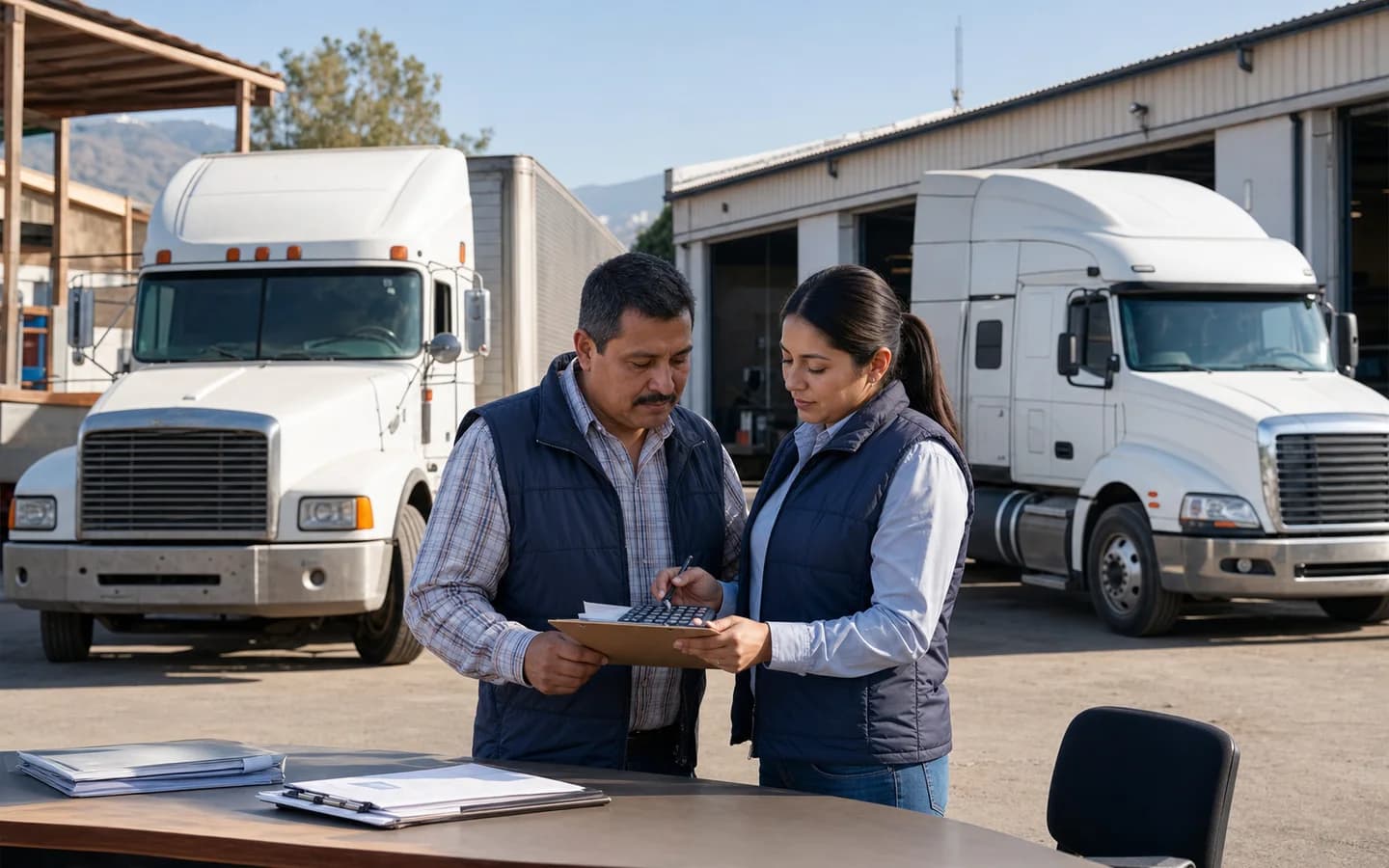 Transportista mexicano revisando con una asesora el financiamiento para renovar un camión