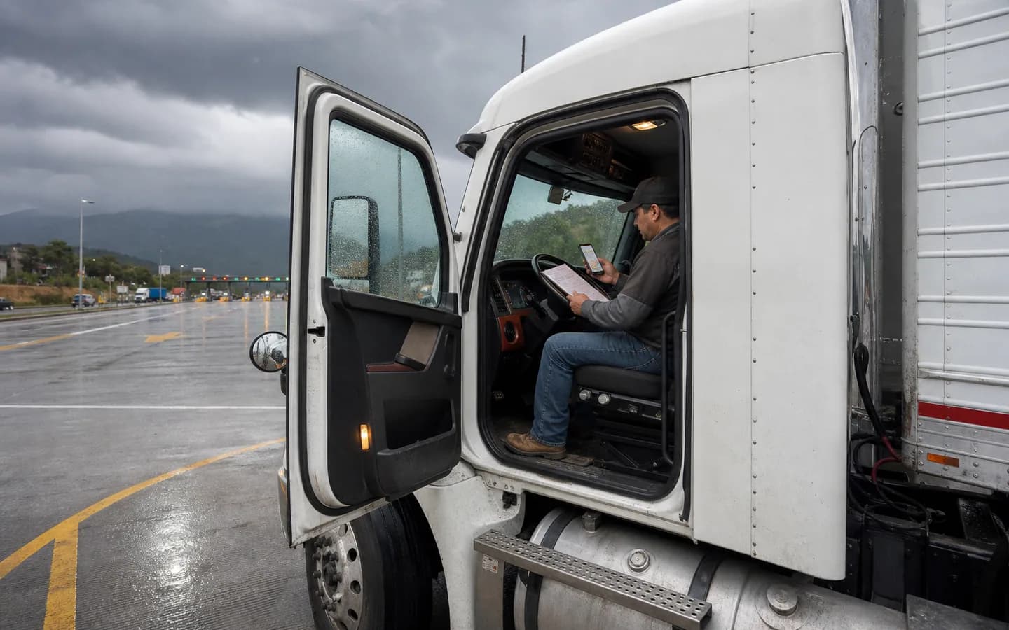 Operador revisando su ruta con el tractocamión detenido de forma segura durante la lluvia