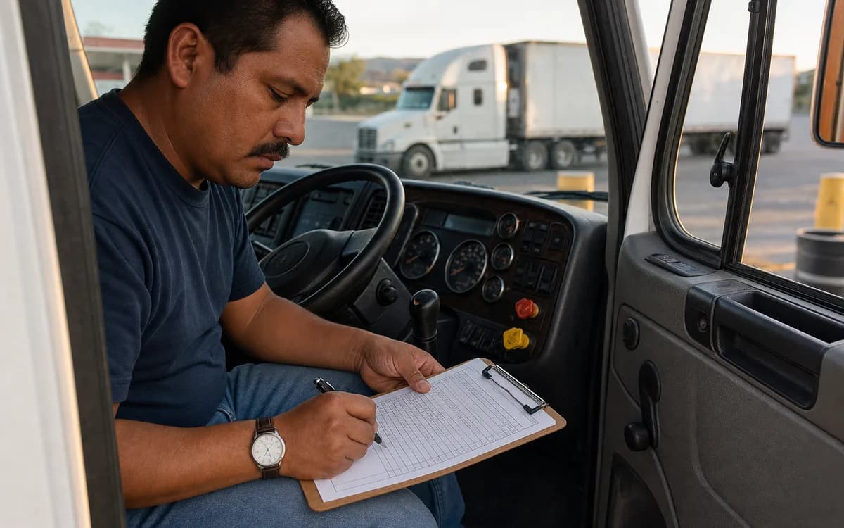 Operador de tractocamión llenando su bitácora de horas de servicio durante una parada segura